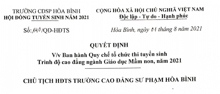 Quyết định về việc Ban hành quy chế tổ chức thi tuyển sinh trình độ cao đẳng ngành giáo dục mầm non, năm 2021